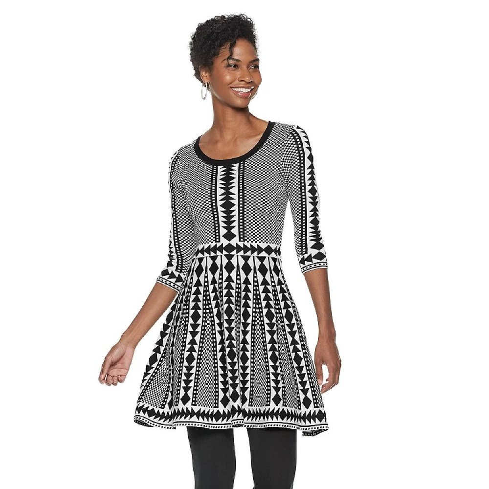 Nina Leonard Black White Geometric Print Sweater Dress NWT Size Large